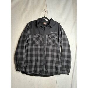 Barrett-Jackson Mens XL Grey Black Plaid Flannel Snap Front Shirt Embroidered